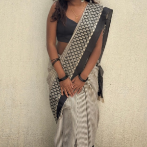 Ivory & Black Mul Cotton Printed Saree