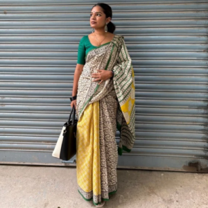 Ivory Mul Cotton Green & Yellow Printed Sare