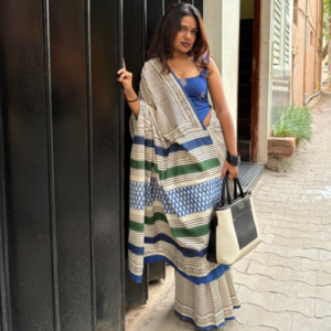 Ivory Mul Cotton Blue & Green Printed Saree