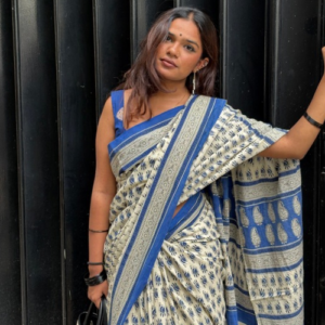 Ivory Mul Cotton Blue Floral Printed Saree