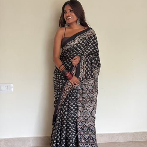 Black Modal Silk Ajrakh Print Saree with Designer Pallu