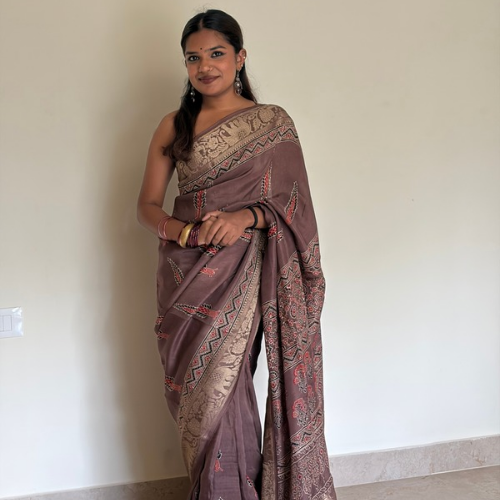 Mauve Dola Silk Ajrakh Saree with Zari Pallu