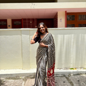 Black & White Striped Modal Silk Saree with Ajrakh Pallu