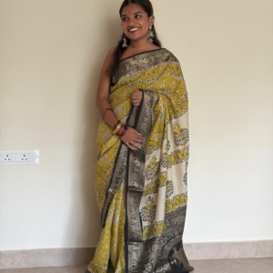 Mustard Yellow Modal Silk Saree with Ajrakh Print Pallu