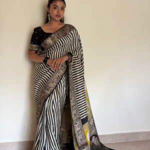 Black & White Dolla Silk Strips Saree with Zari Pallu and Border
